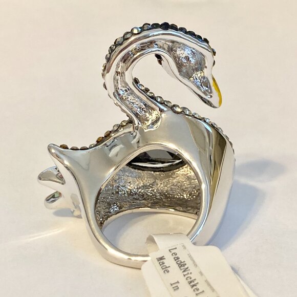 Vintage Crystal Swan Cocktail Ring Statement Size 7 8 Black Silver RhodiumPlated - Picture 6 of 11